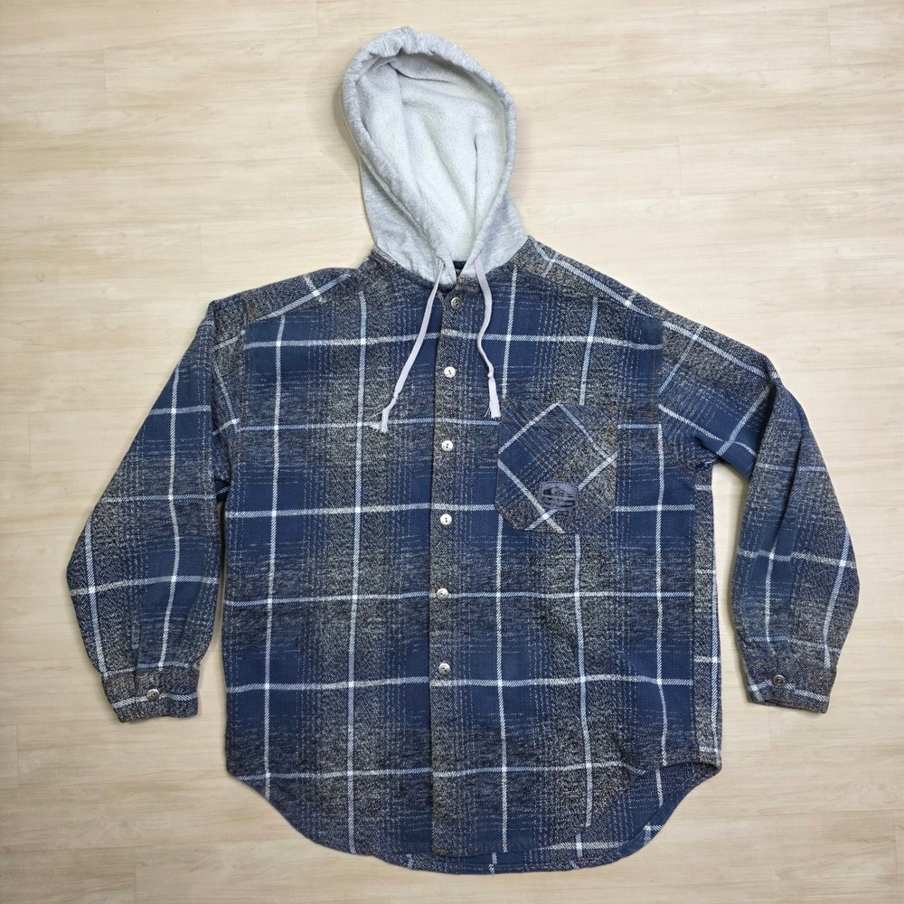 Quiksilver Y2K Hooded Flannel Shirt Blue Grey Plaid Heavy Cotton Size Medium